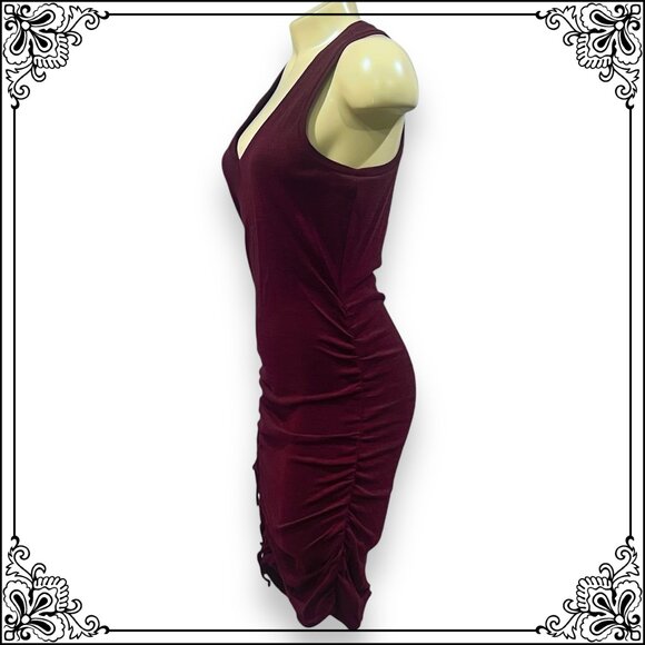 EXPRESS Heather Burgundy Bodycon Ruched Fringe V-Neck Dress - Size M - Picture 5 of 11